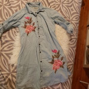 Floral embroidered light denim dress